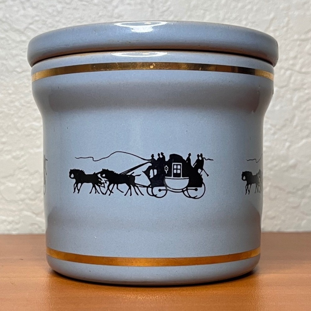 Vintage Denby England Stoneware Lidded Crock Blue Horse Carriage Stagecoach 4"